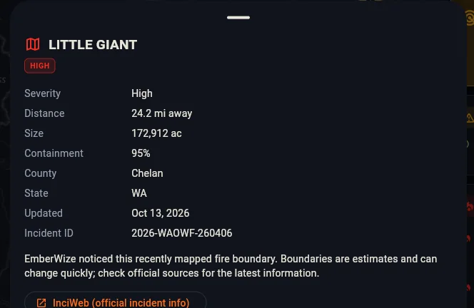 The detail card for the Little Giant fire perimeter near Stehekin, Washington: high severity, 24.2 miles away, 172,912 acres, 95% contained, Chelan County, updated Oct 13, 2026, with its incident ID and a link to InciWeb for official incident information.
